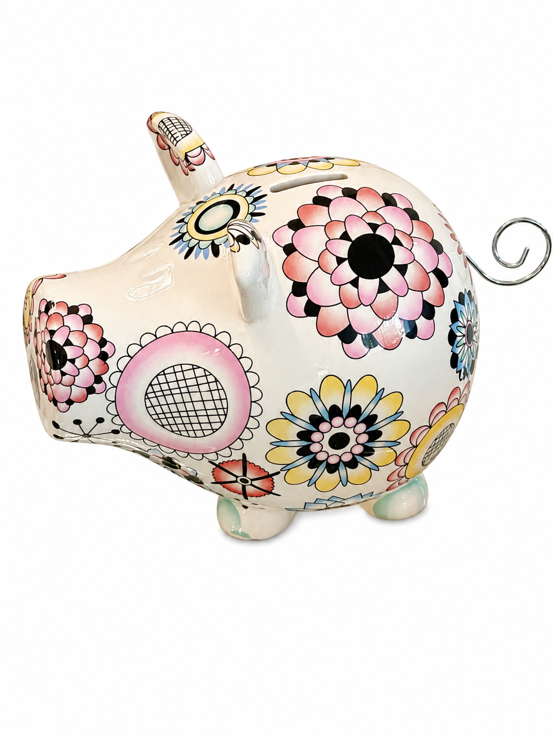 Vintage Style Hand-Painted Floral Ceramic Piggy Bank – Decorative Coin Bank with Metal Curly Tail