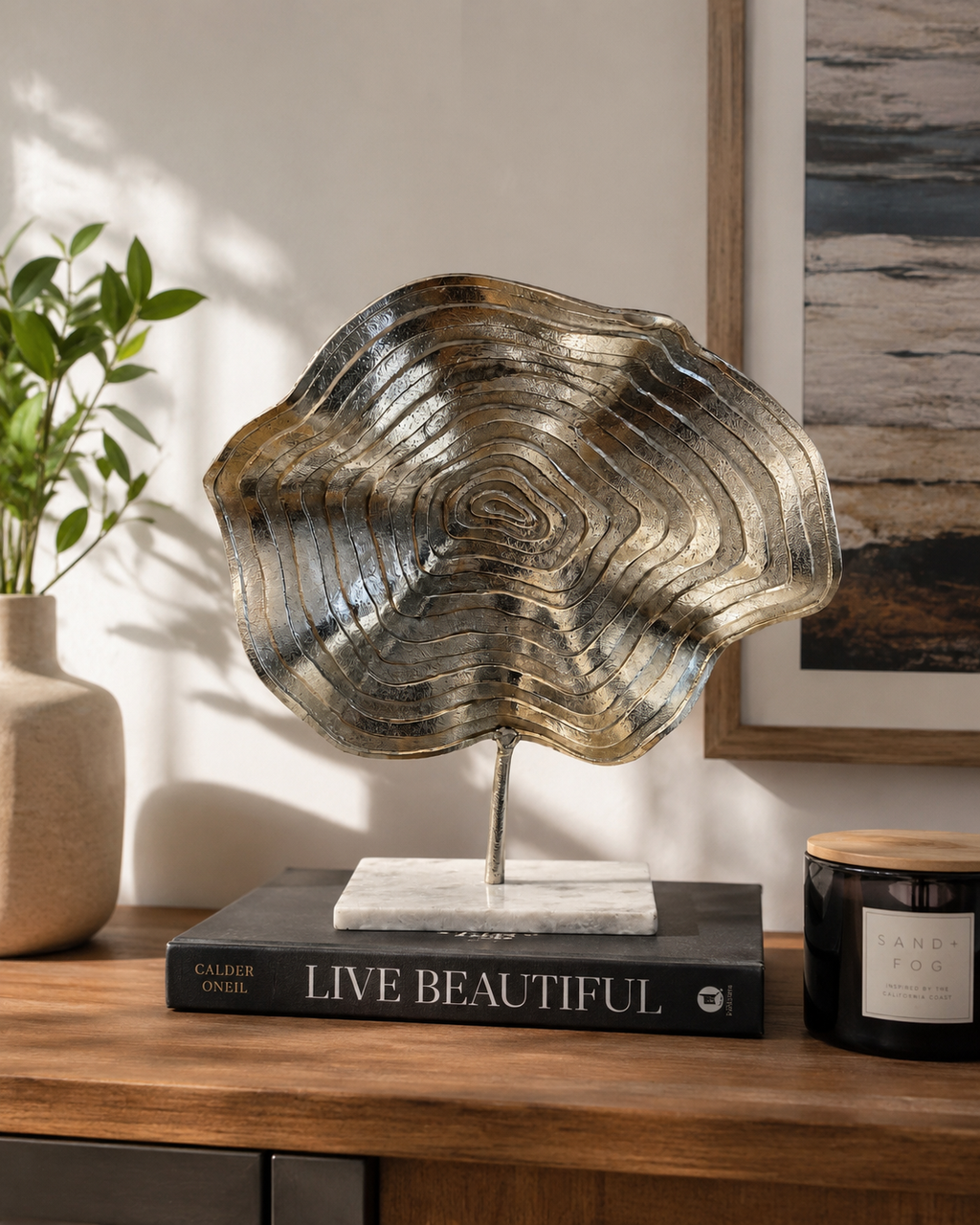 Modern Abstract Silver Metal Sculpture on Marble Base – Contemporary Tabletop Décor