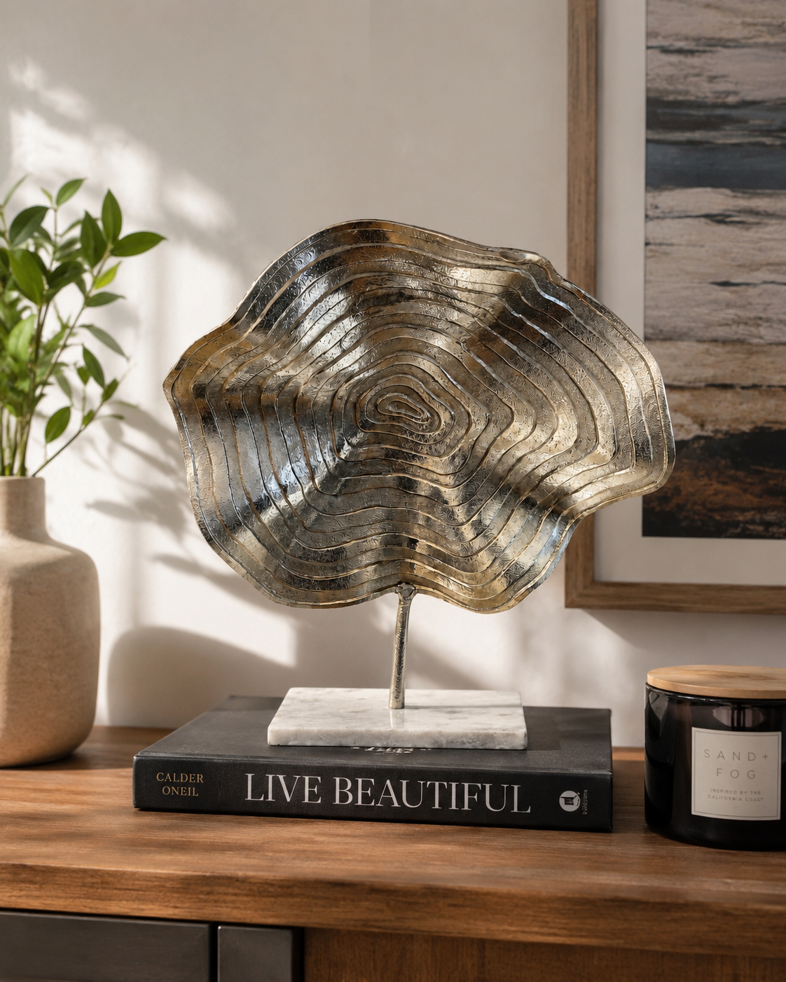 Modern Abstract Silver Metal Sculpture on Marble Base – Contemporary Tabletop Décor