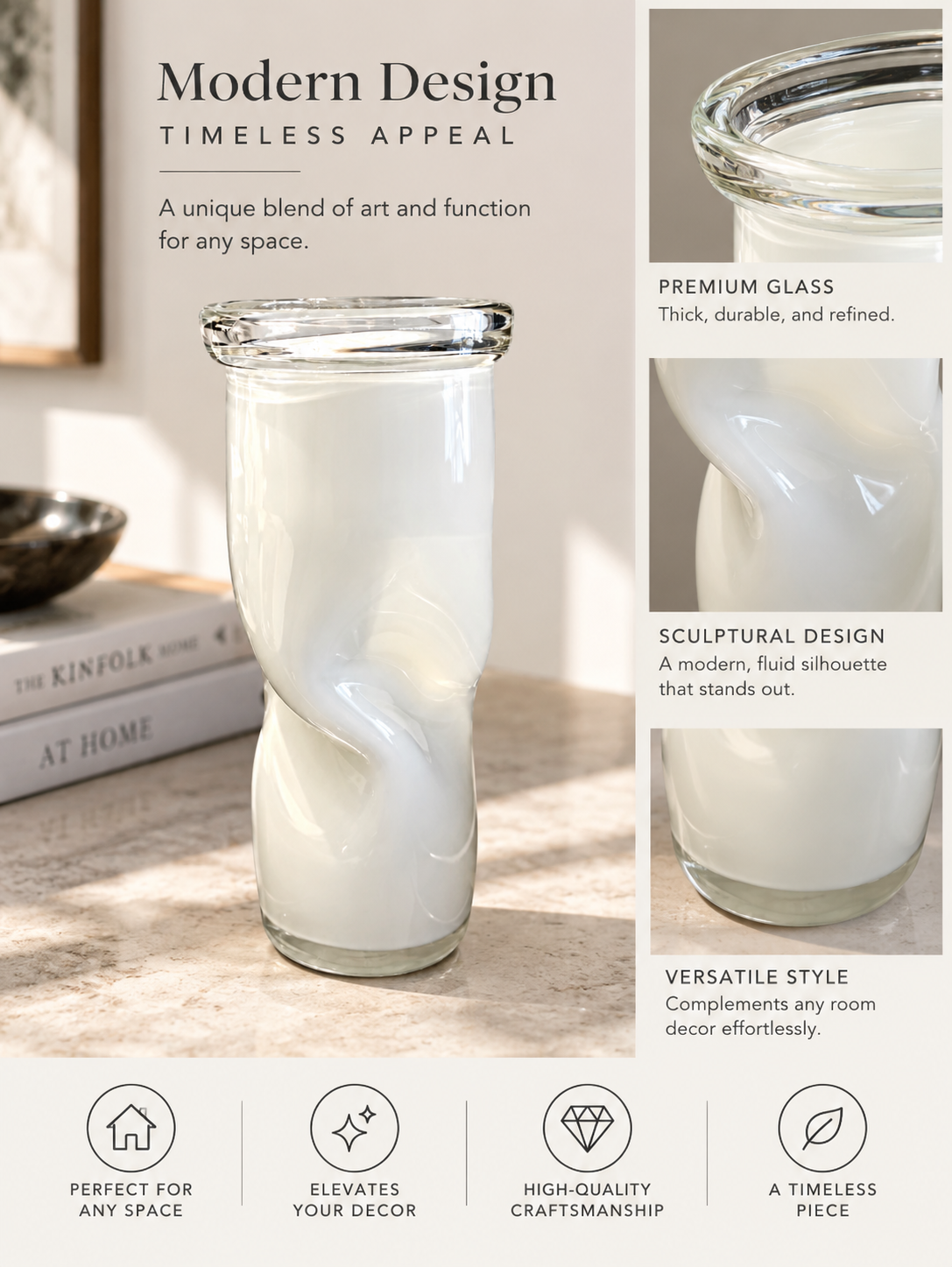 Sculptural White Art Glass Twist Vase
