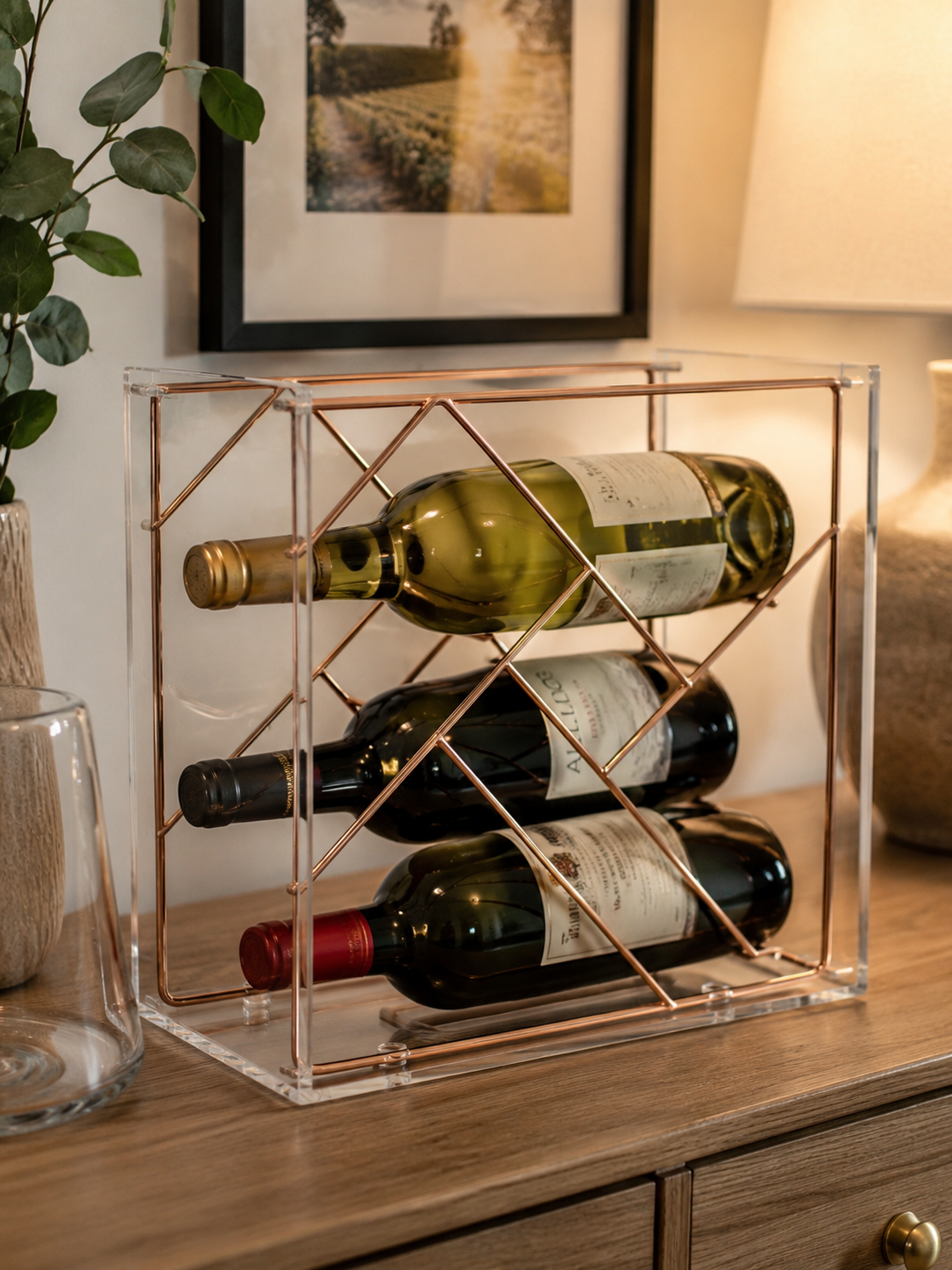 Modern Geometric Acrylic & Rose Gold Wine Rack