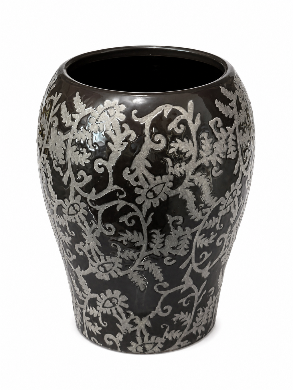 Decorative Charcoal Ceramic Vase with Botanical Pattern