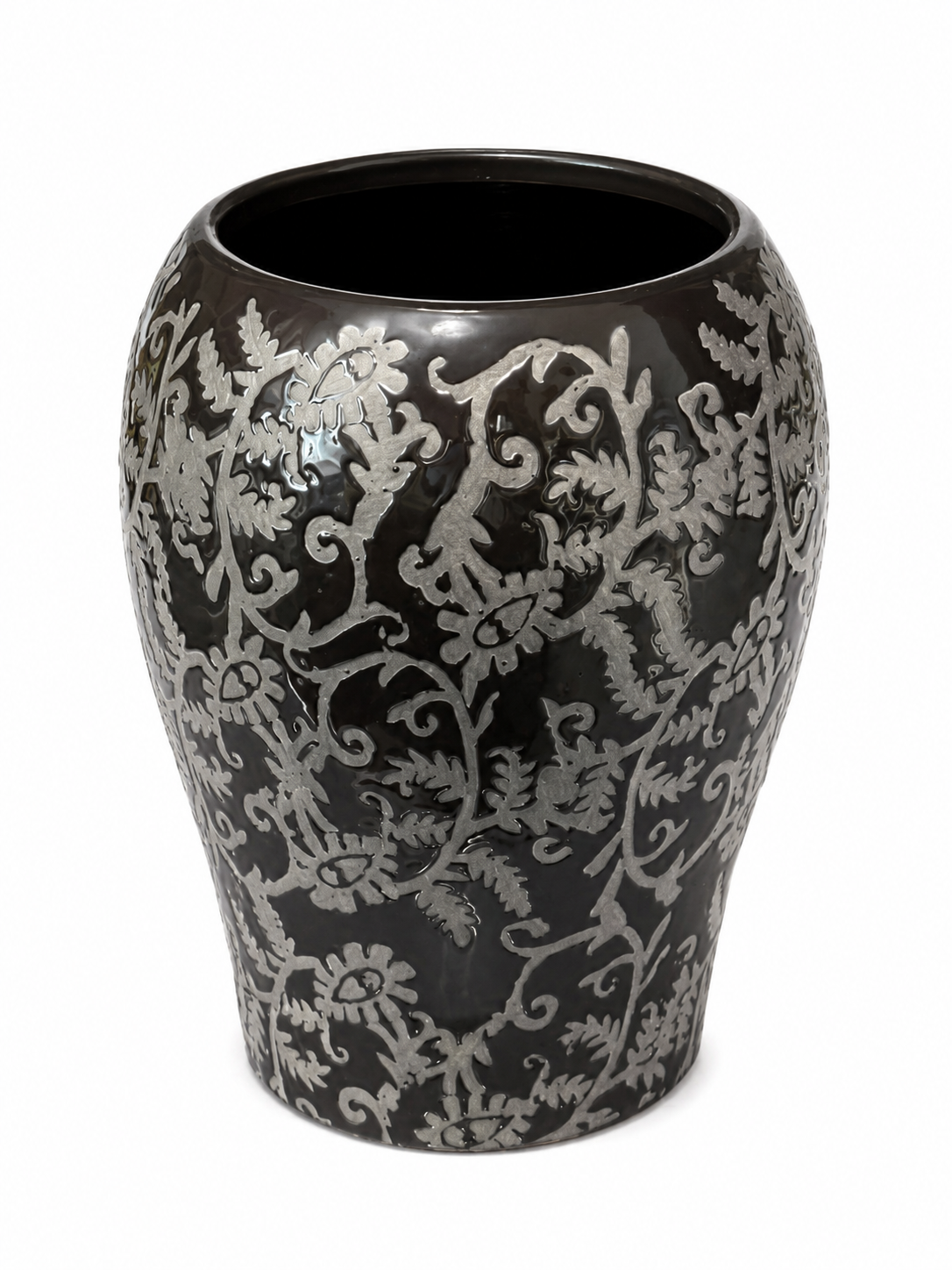 Decorative Charcoal Ceramic Vase with Botanical Pattern