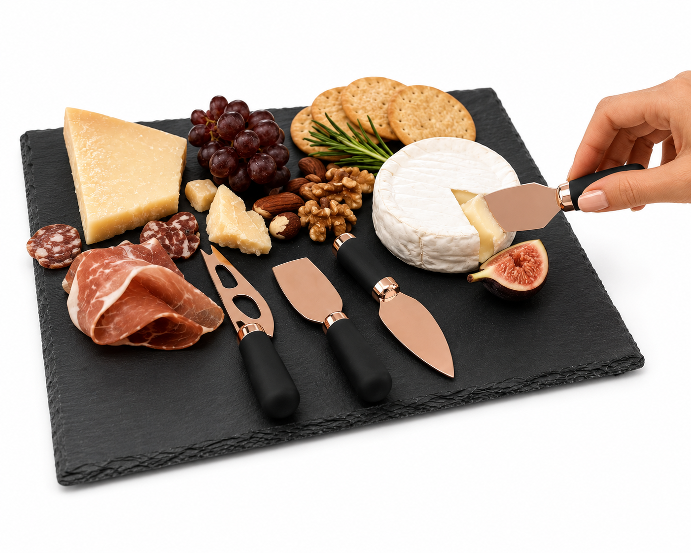 Brooklyn Rose Gold Slate Cheese Board & Knife Set – 5 Piece Serving Collection