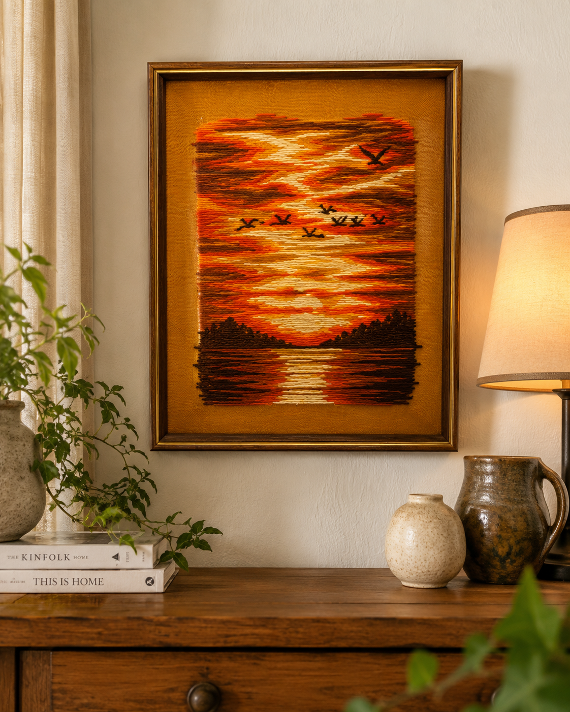 Vintage Sunset Crewel Embroidery Wall Art