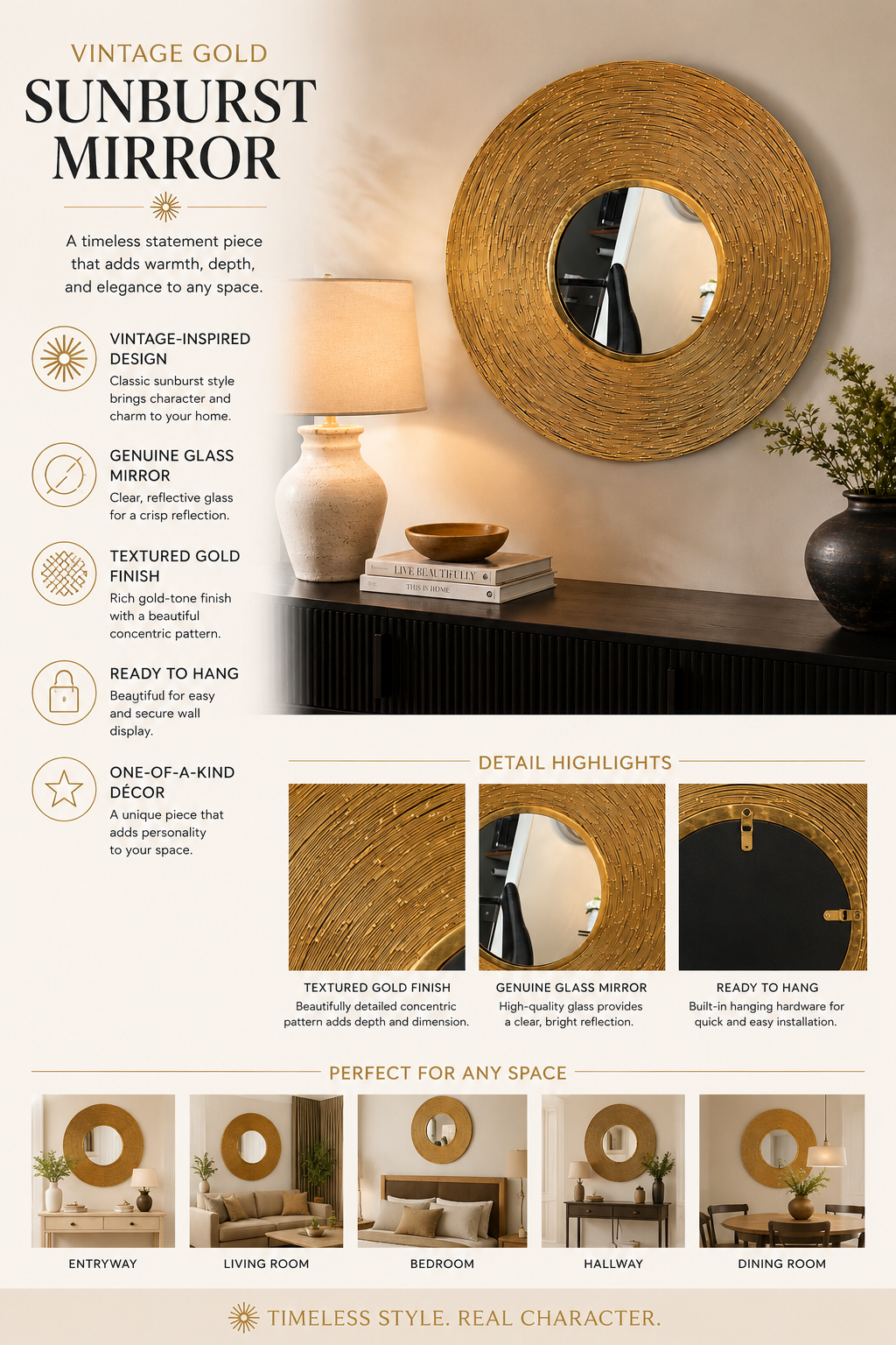 Vintage Gold Sunburst Wall Mirror