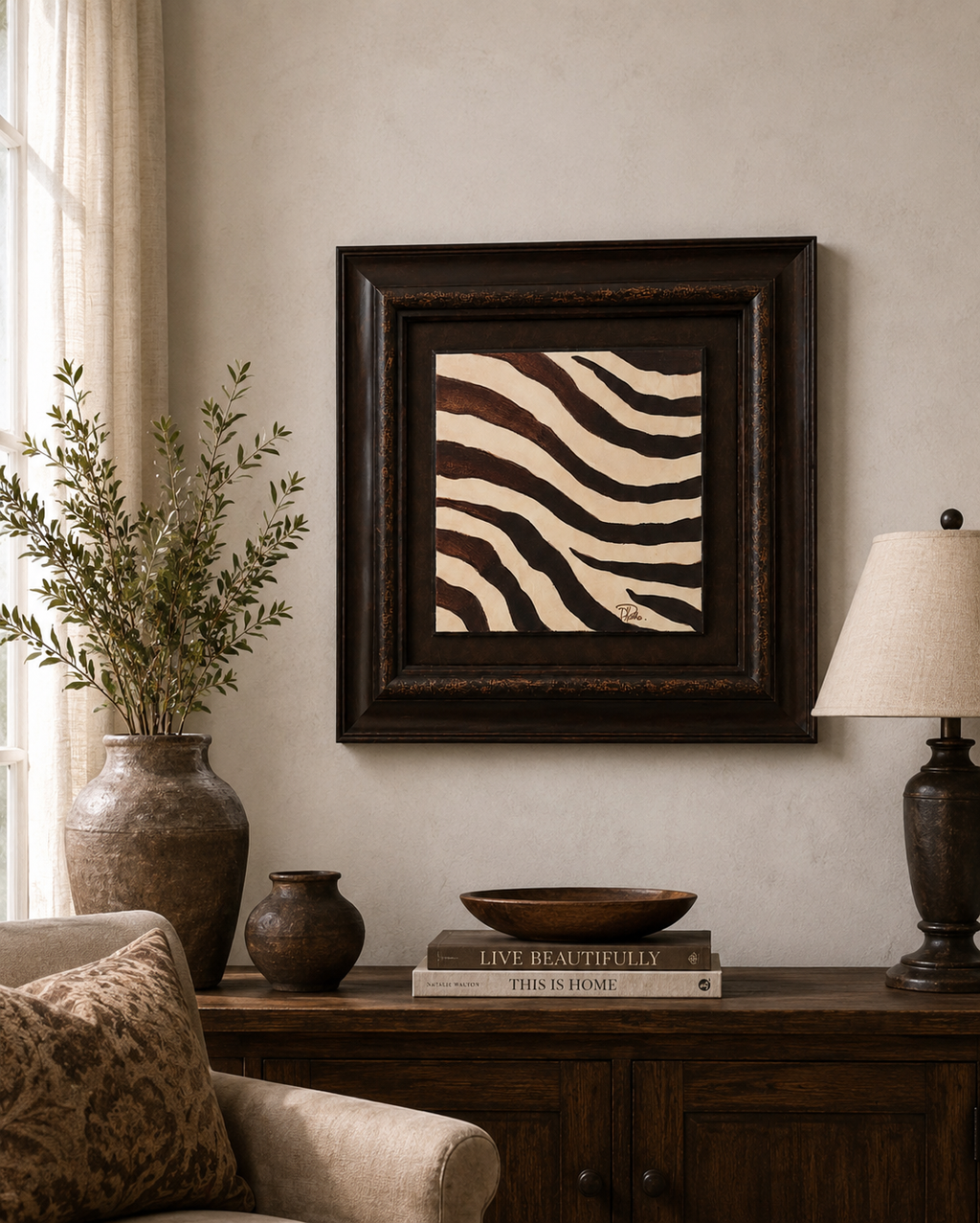 Framed Zebra Stripe Wall Art – Distressed Bronze Finish