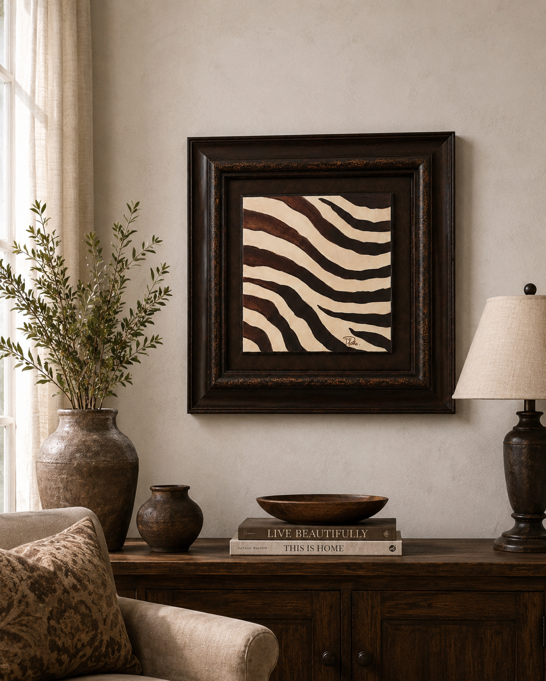 Framed Zebra Stripe Wall Art – Distressed Bronze Finish