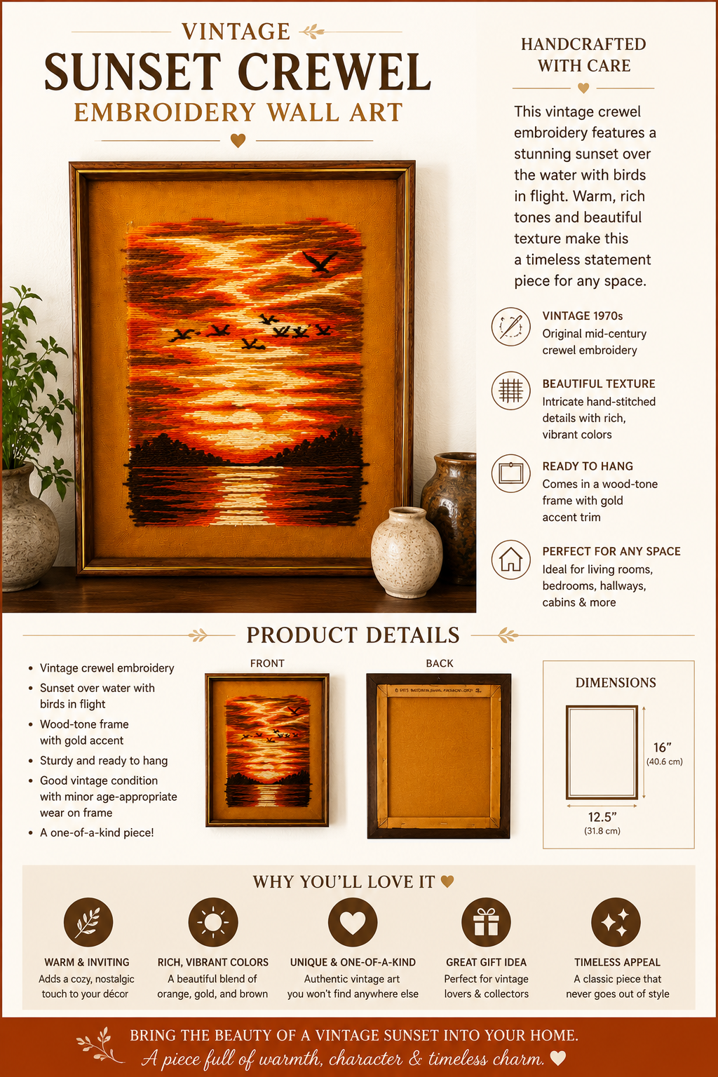 Vintage Sunset Crewel Embroidery Wall Art