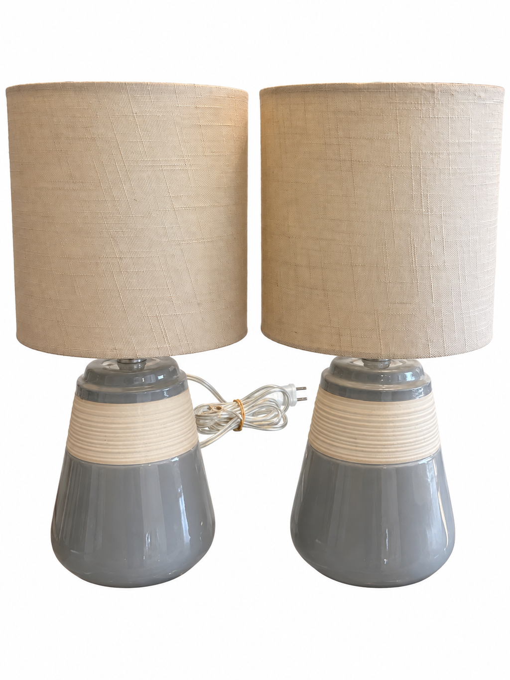 Set of 2 Modern Grey & Cream Ceramic Table Lamps with Linen Shades