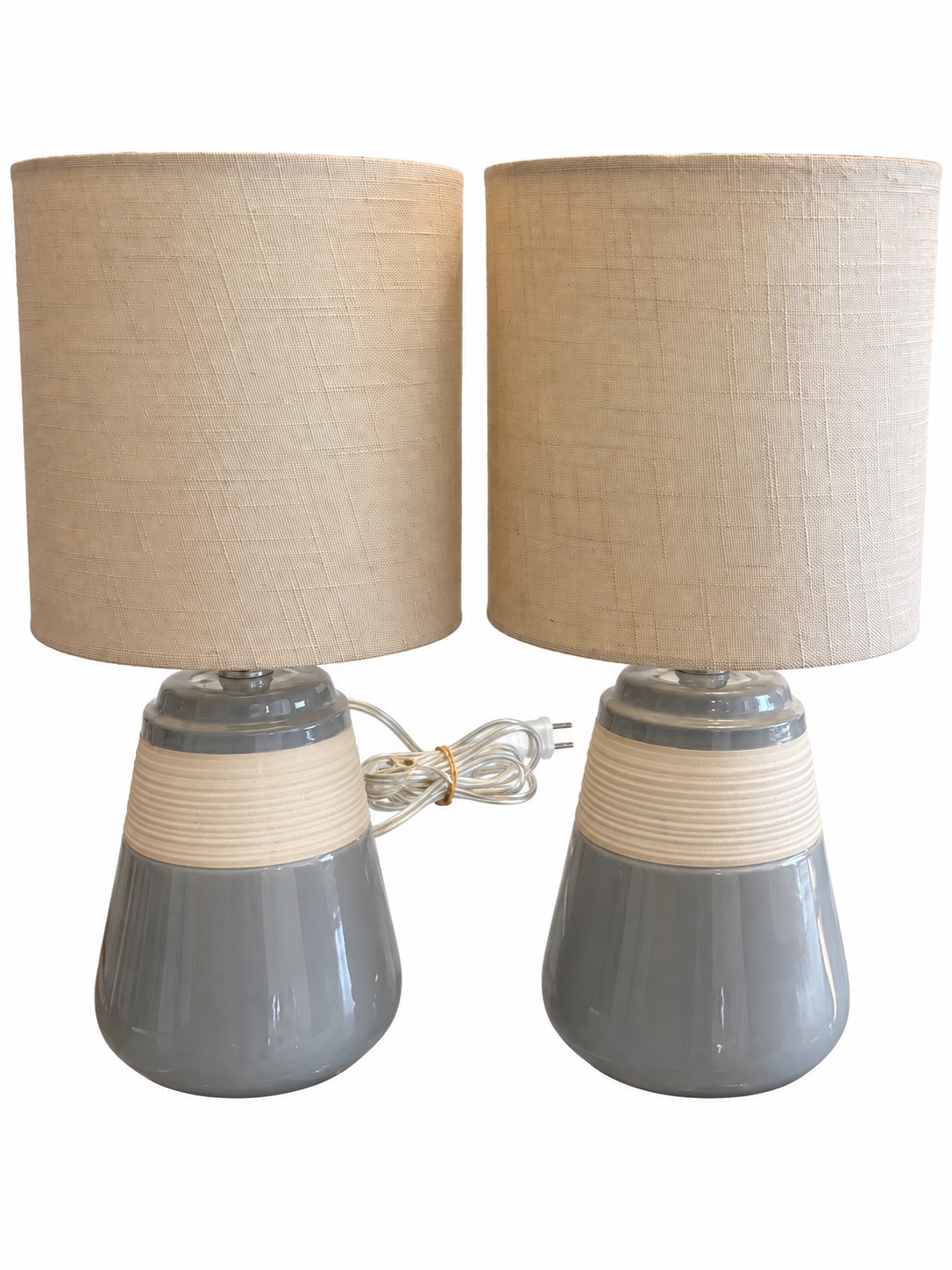 Set of 2 Modern Grey & Cream Ceramic Table Lamps with Linen Shades