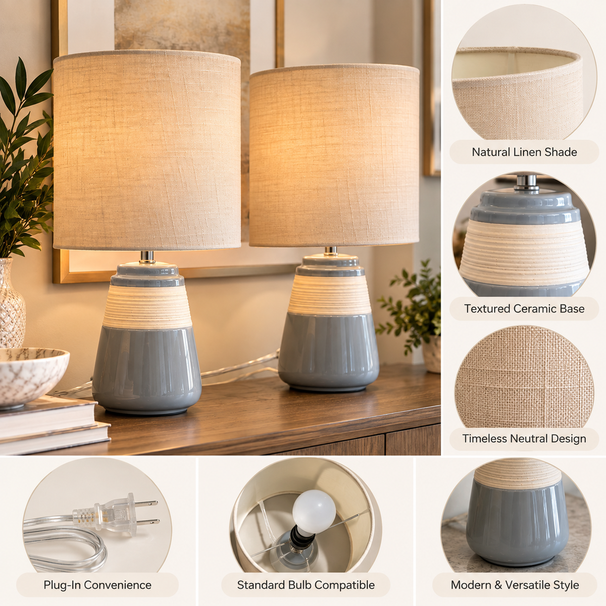 Set of 2 Modern Grey & Cream Ceramic Table Lamps with Linen Shades