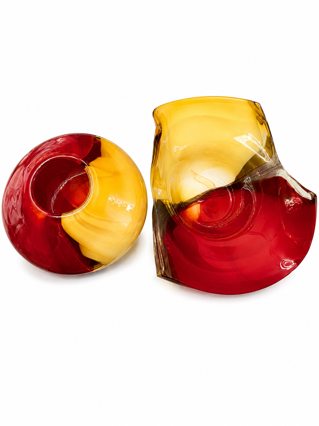 Sculptural Red & Amber Art Glass Vase & Bowl Set