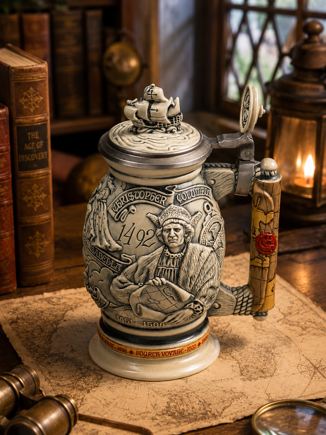Vintage Christopher Columbus 1492 Commemorative Beer Stein with Pewter Lid