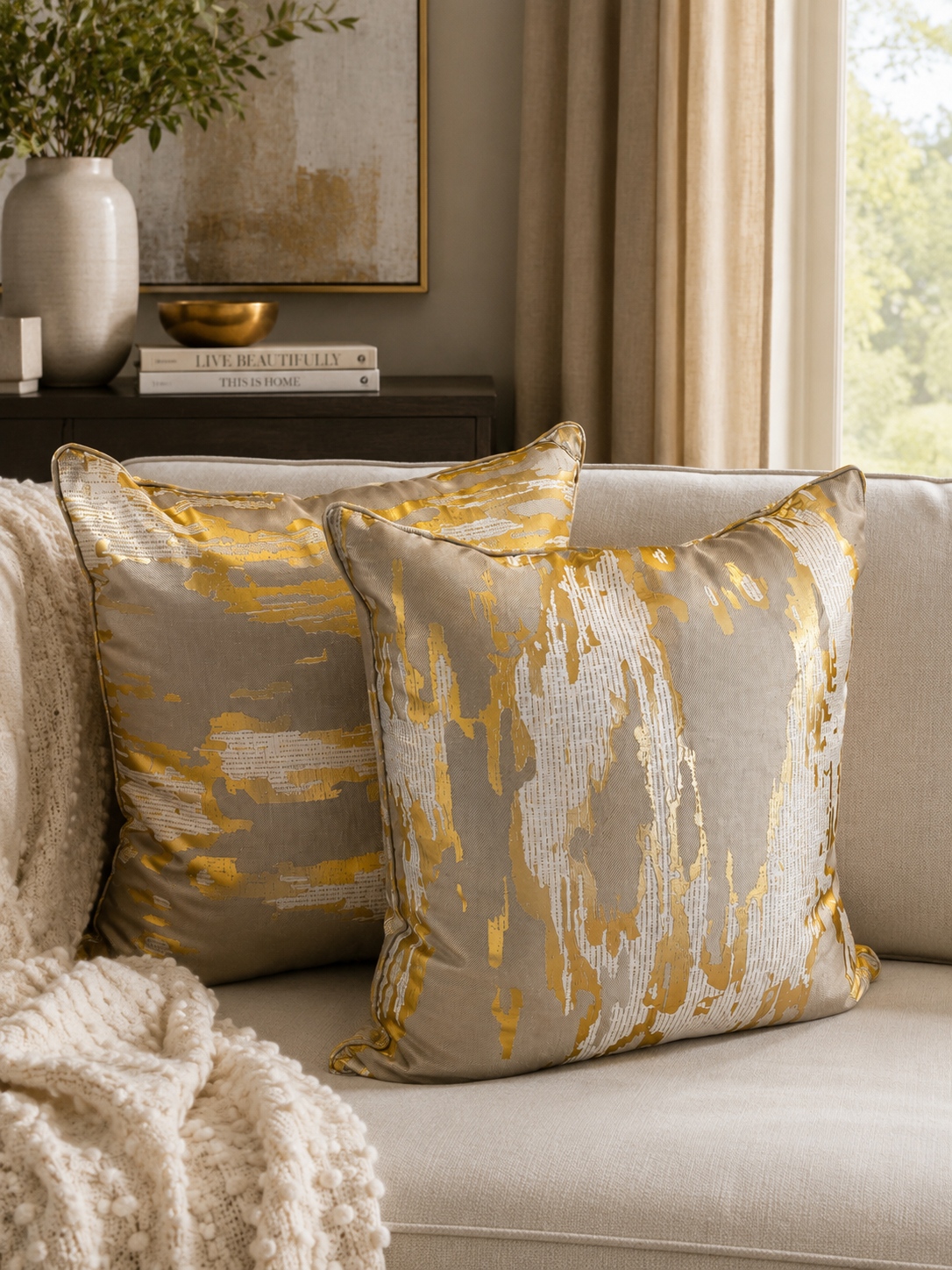 Set of 2 Luxury 24” x 24” Gold Abstract Decorative Throw Pillows