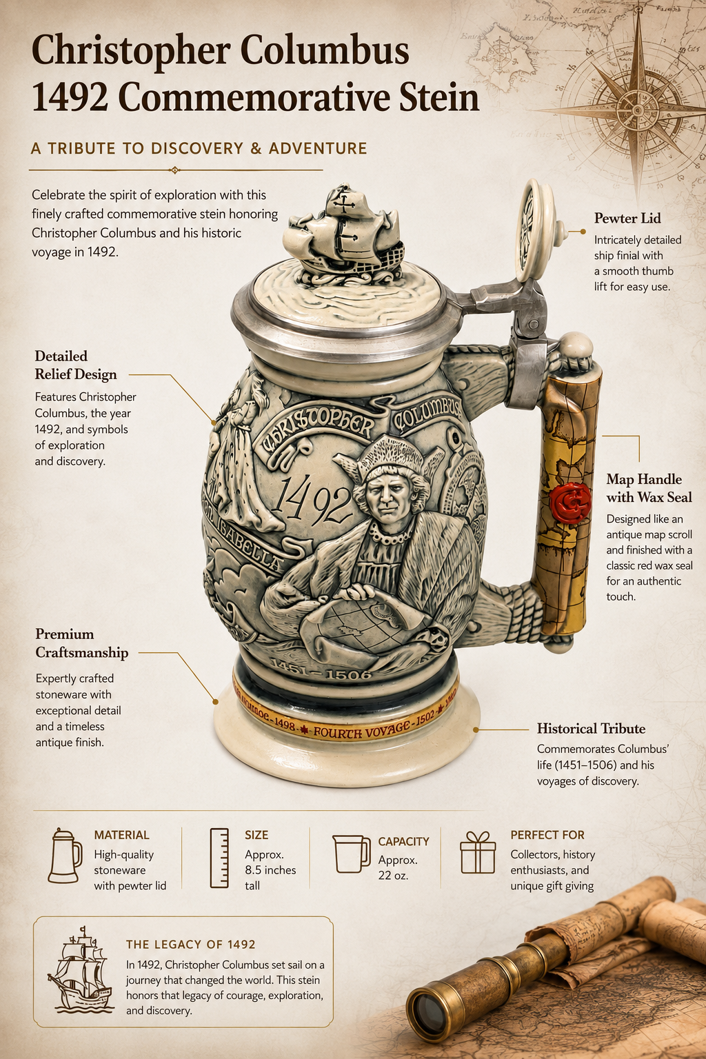Vintage Christopher Columbus 1492 Commemorative Beer Stein with Pewter Lid