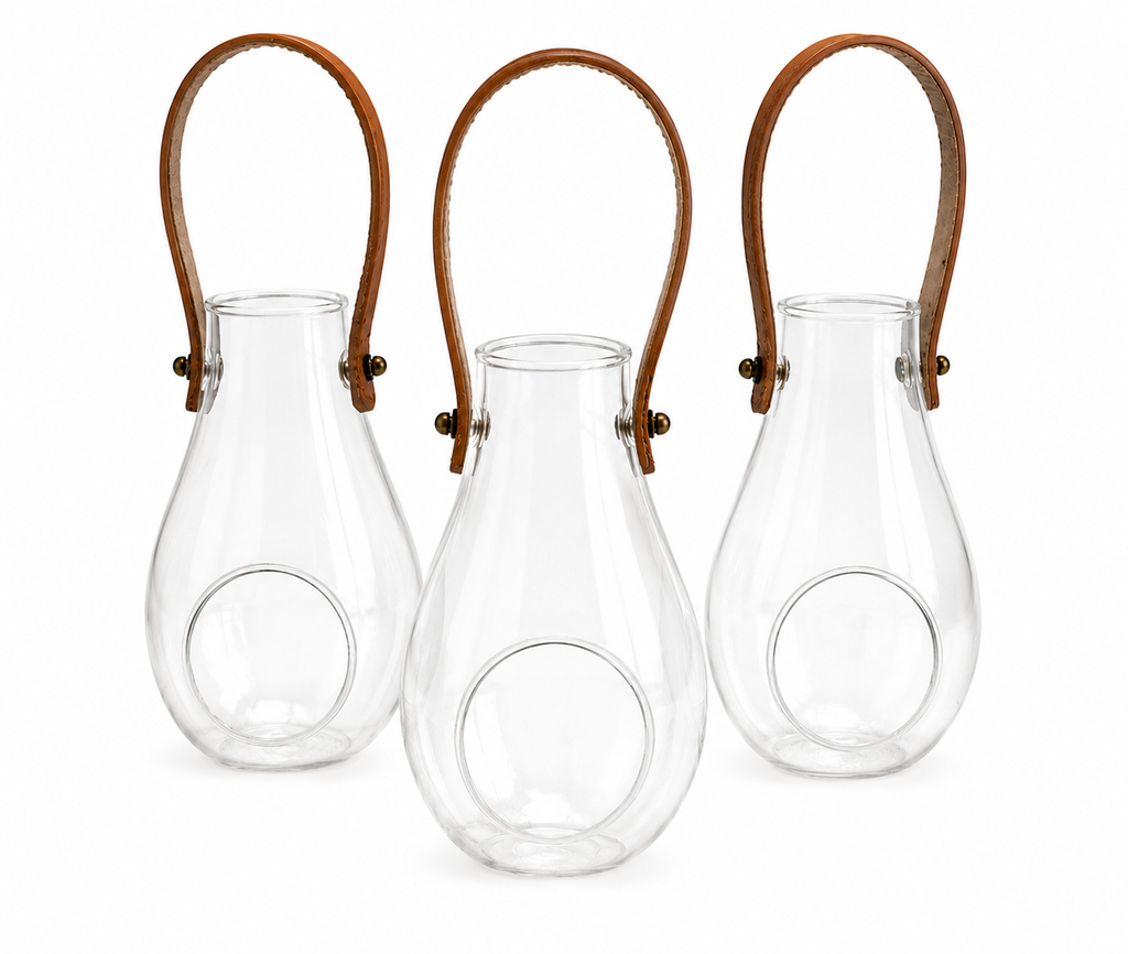 Set of 3 Glass Lantern Vases with Leather Handles