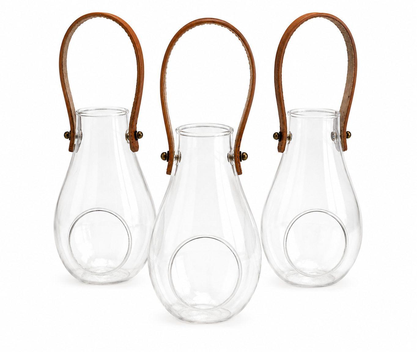 Set of 3 Glass Lantern Vases with Leather Handles