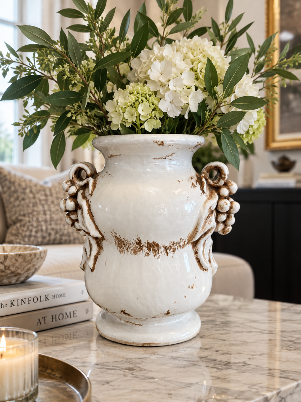 Vintage Distressed Ceramic Grape Relief Vase