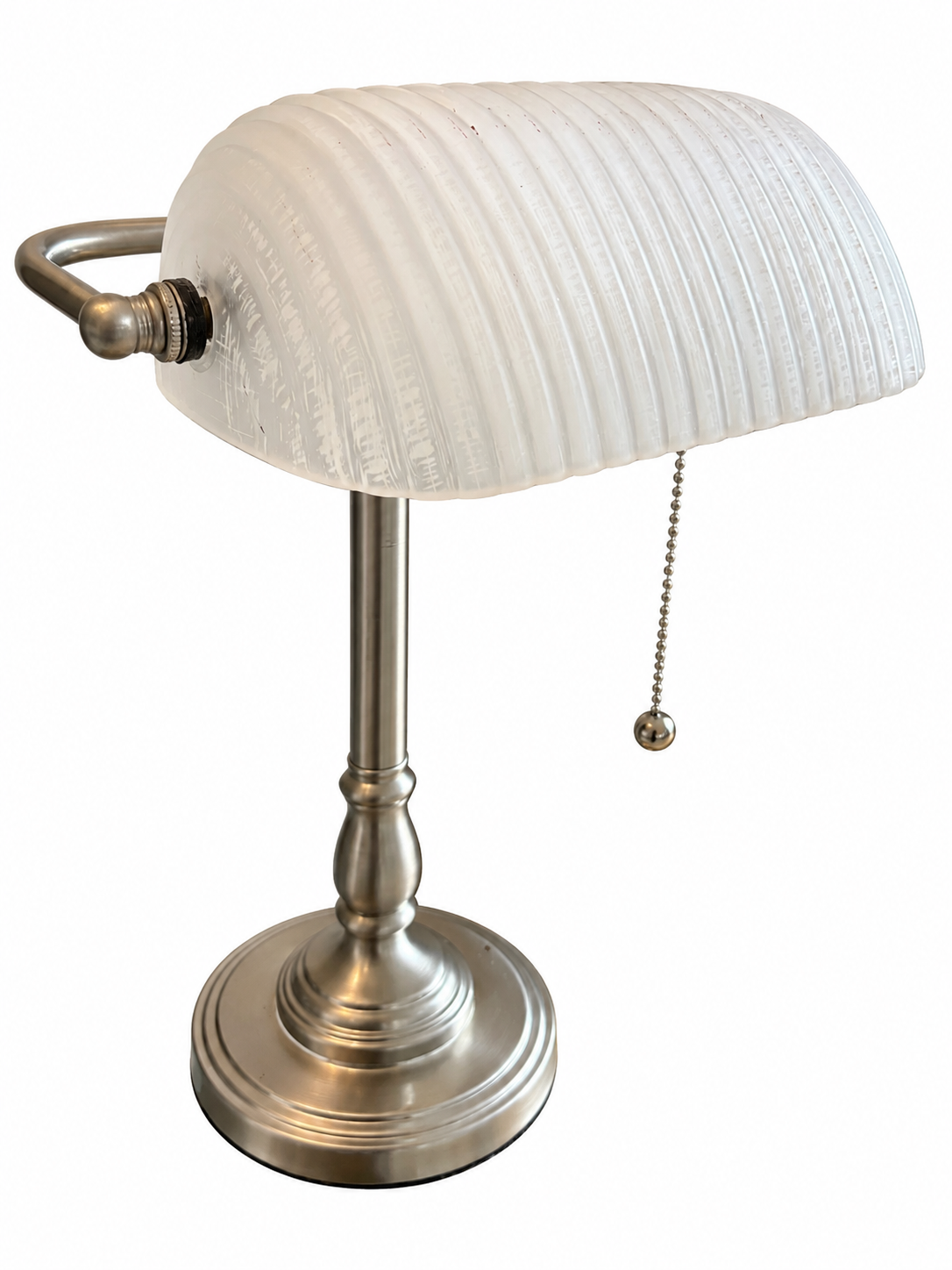 Brushed Nickel Banker Lamp with Textured Glass Shade