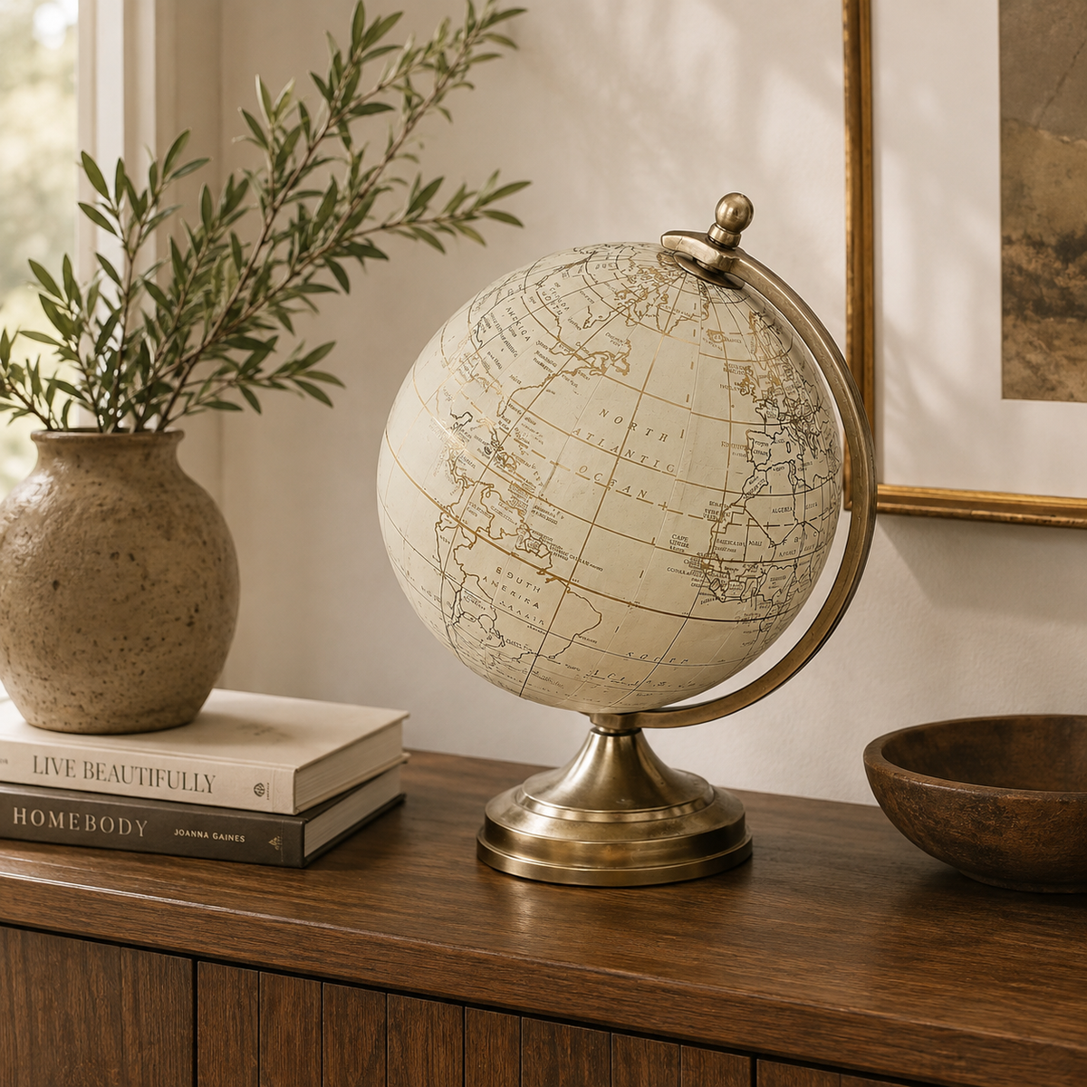 Vintage-Inspired Ivory & Brass Decorative World Globe