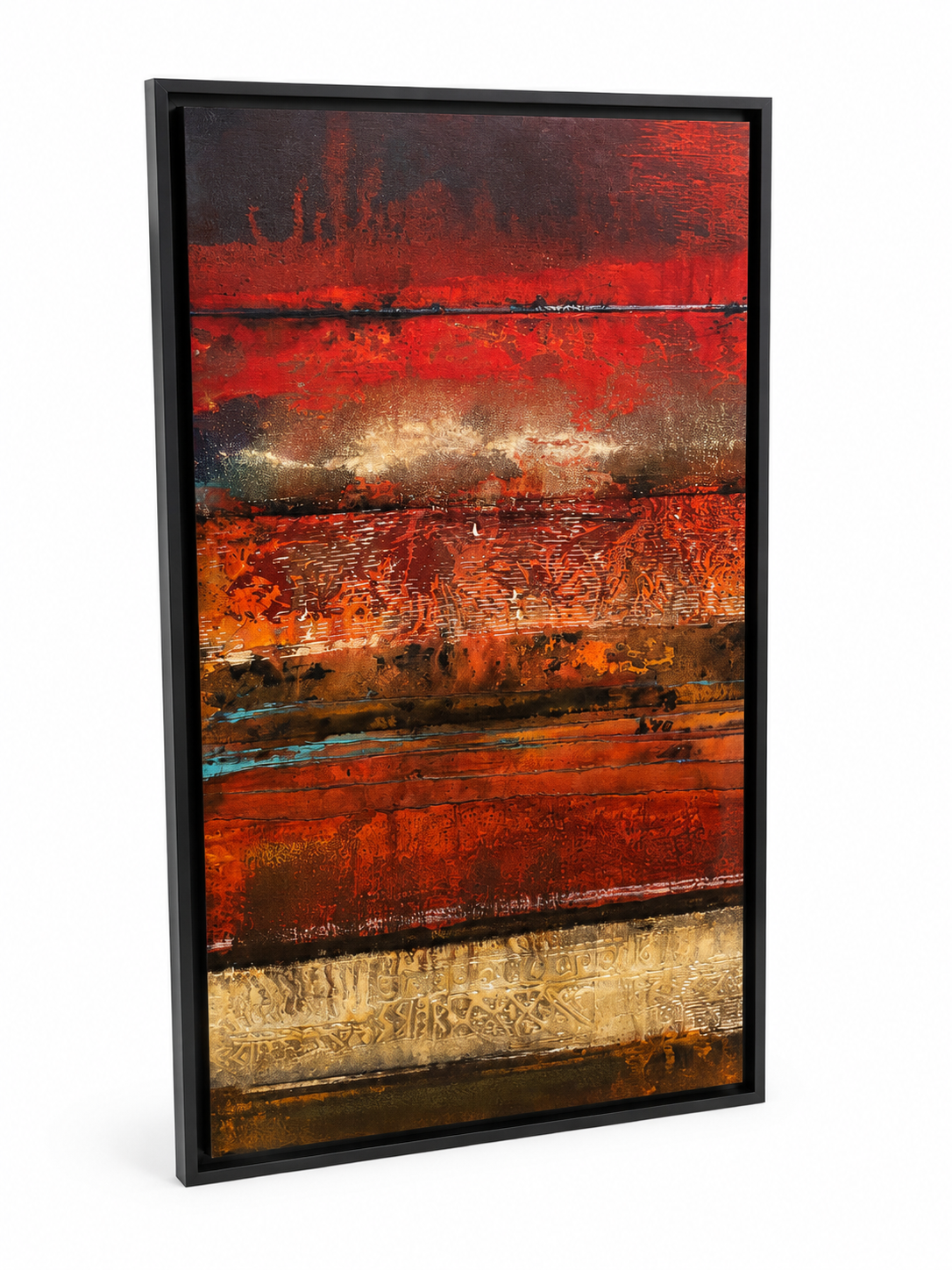 Large Framed Abstract Textured Wall Art – Red, Bronze & Gold – 26” × 50”