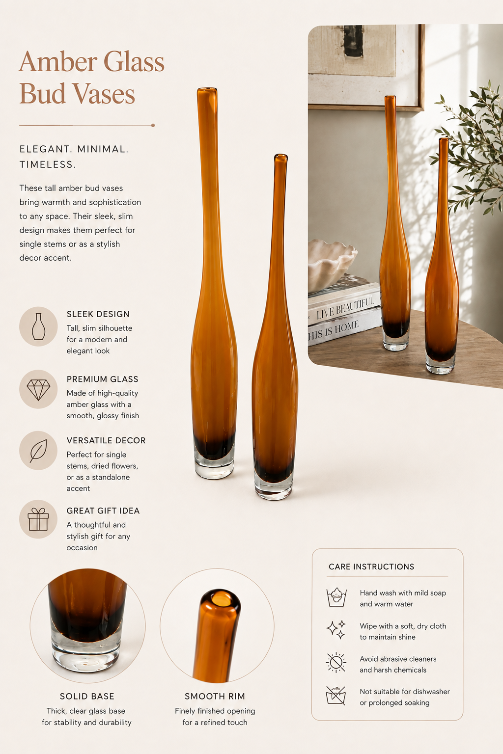 Set of 2 Tall Amber Art Glass Bud Vases – Modern Sculptural Décor