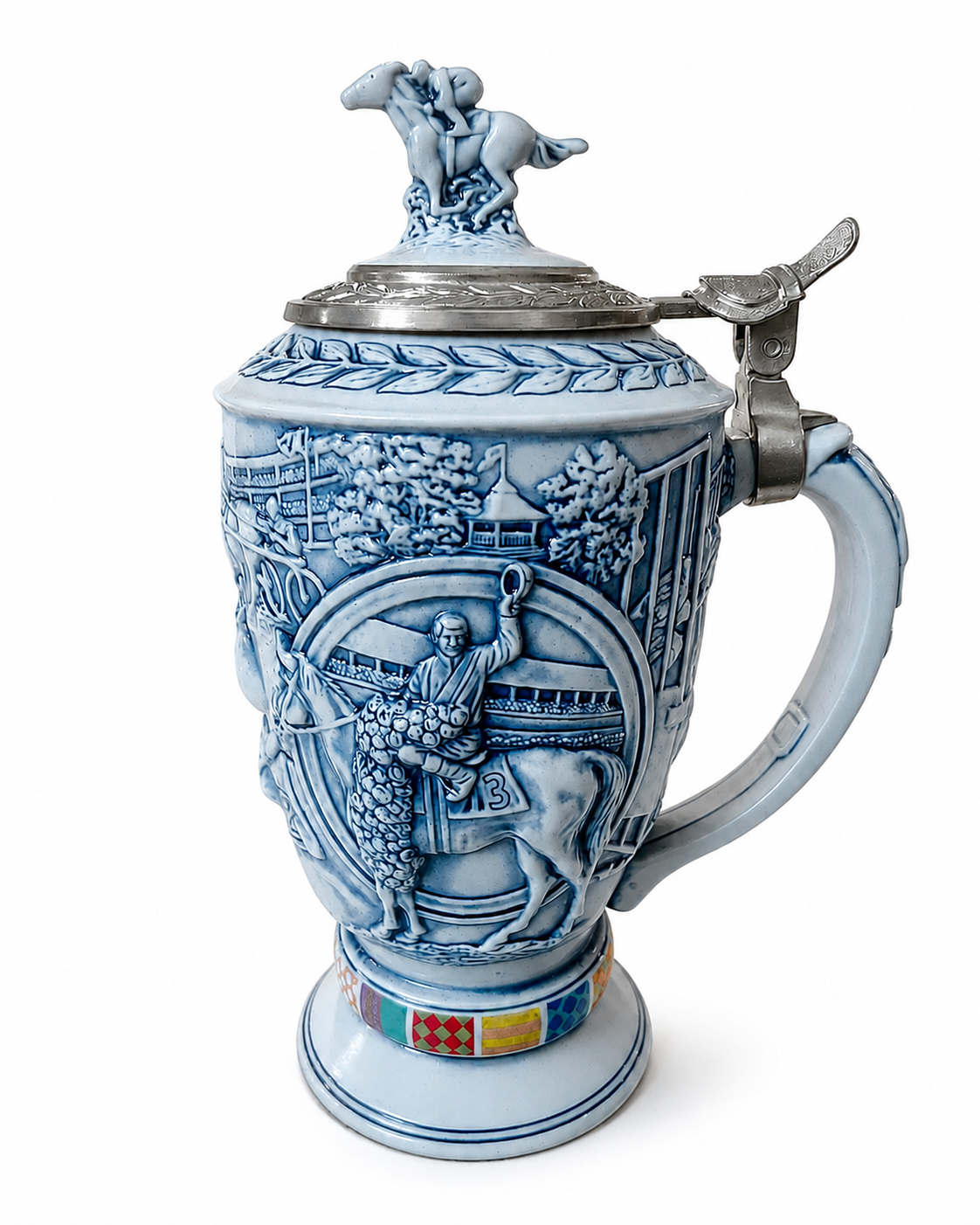 Vintage Blue & White Ceramic Beer Stein with Pewter-Style Lid & Horse Rider Topper