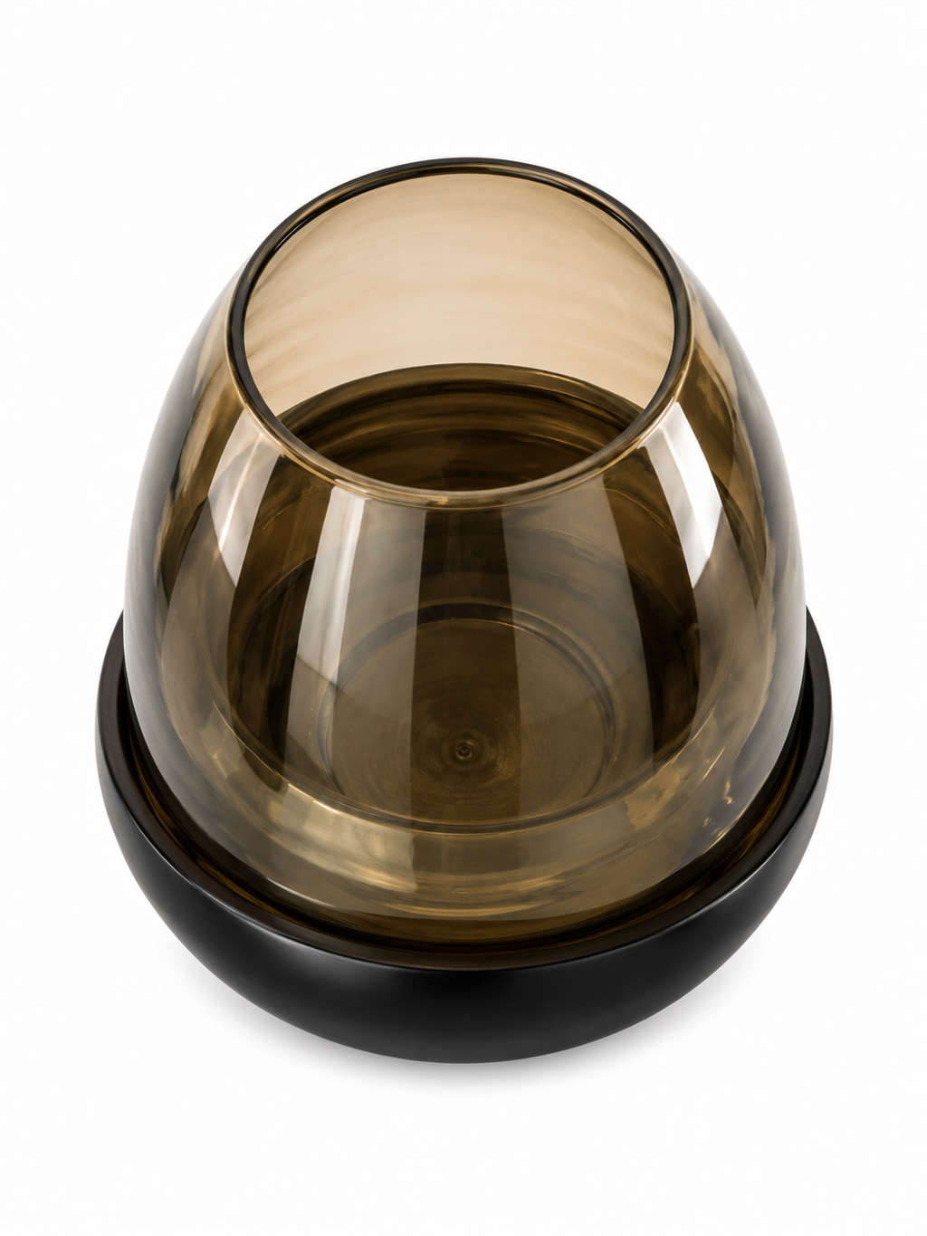Smoked Amber Glass Candle Lantern with Dark Wood-Look Base