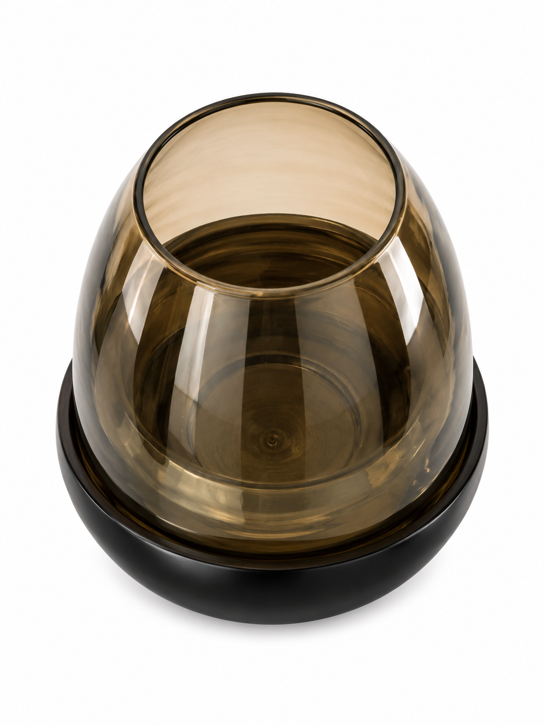 Smoked Amber Glass Candle Lantern with Dark Wood-Look Base