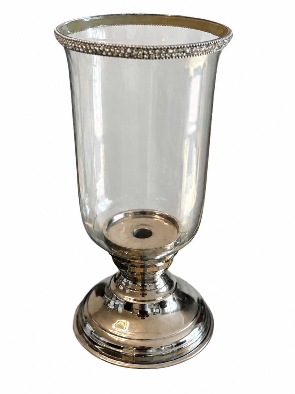 Silver & Glass Hurricane Candle Holder with Beaded Rim