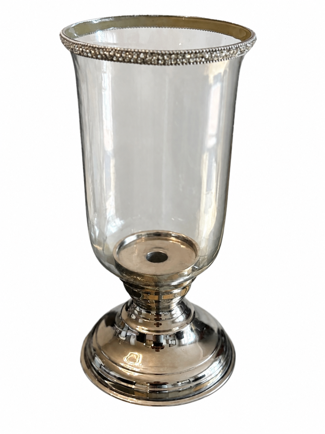 Silver & Glass Hurricane Candle Holder with Beaded Rim