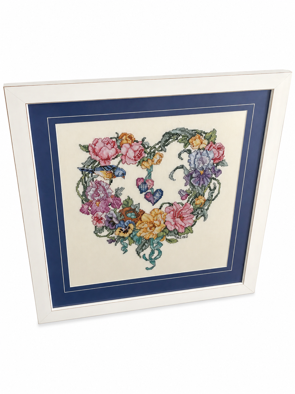 Handcrafted Floral Heart Cross-Stitch Framed Wall Art