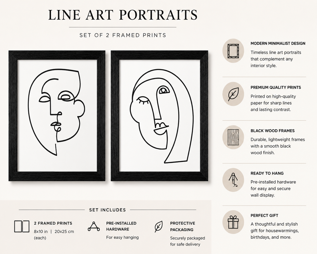 Modern Abstract Face Wall Art | Matching Framed Print Set (2 Pieces) – Black Textured Frames
