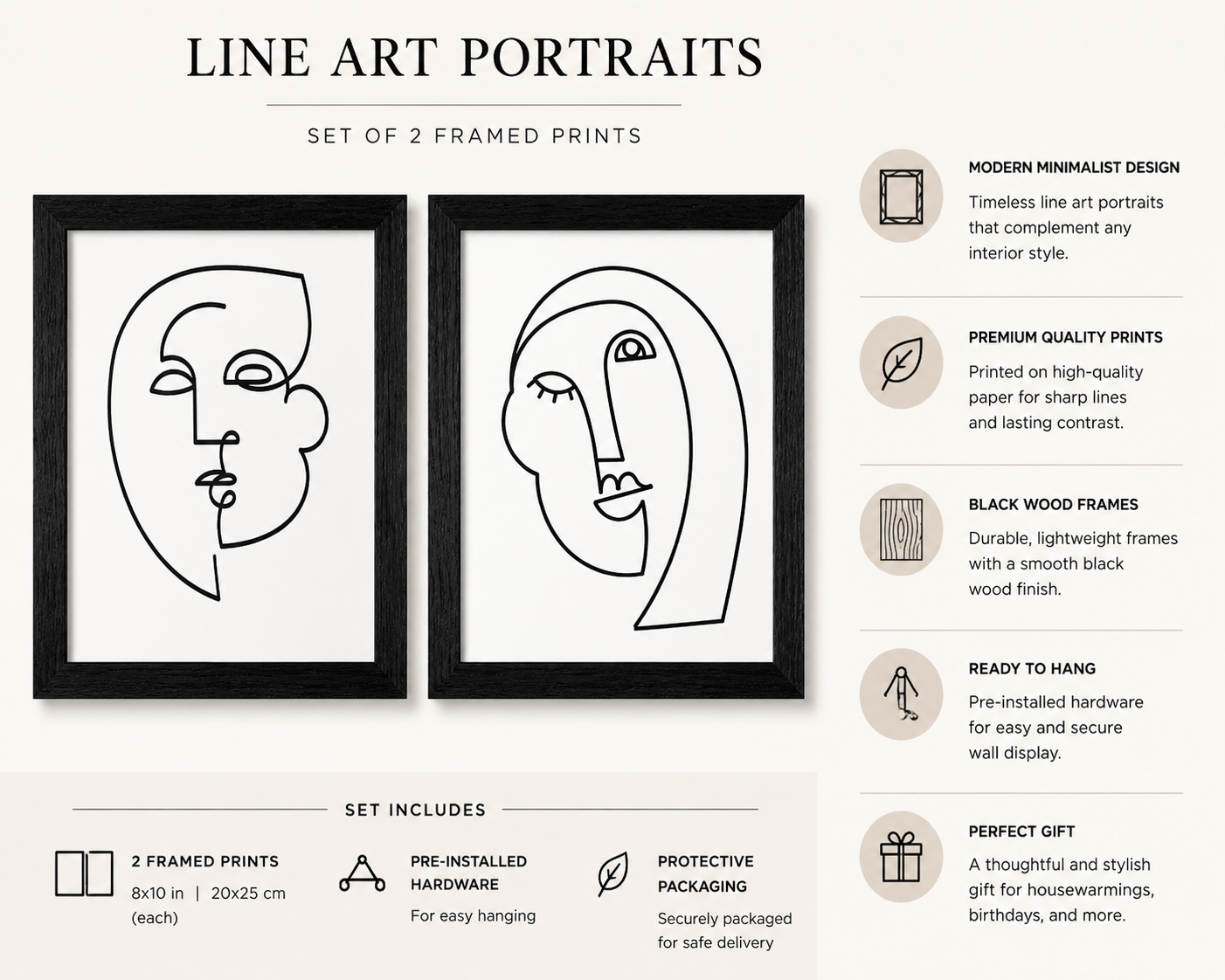 Modern Abstract Face Wall Art | Matching Framed Print Set (2 Pieces) – Black Textured Frames