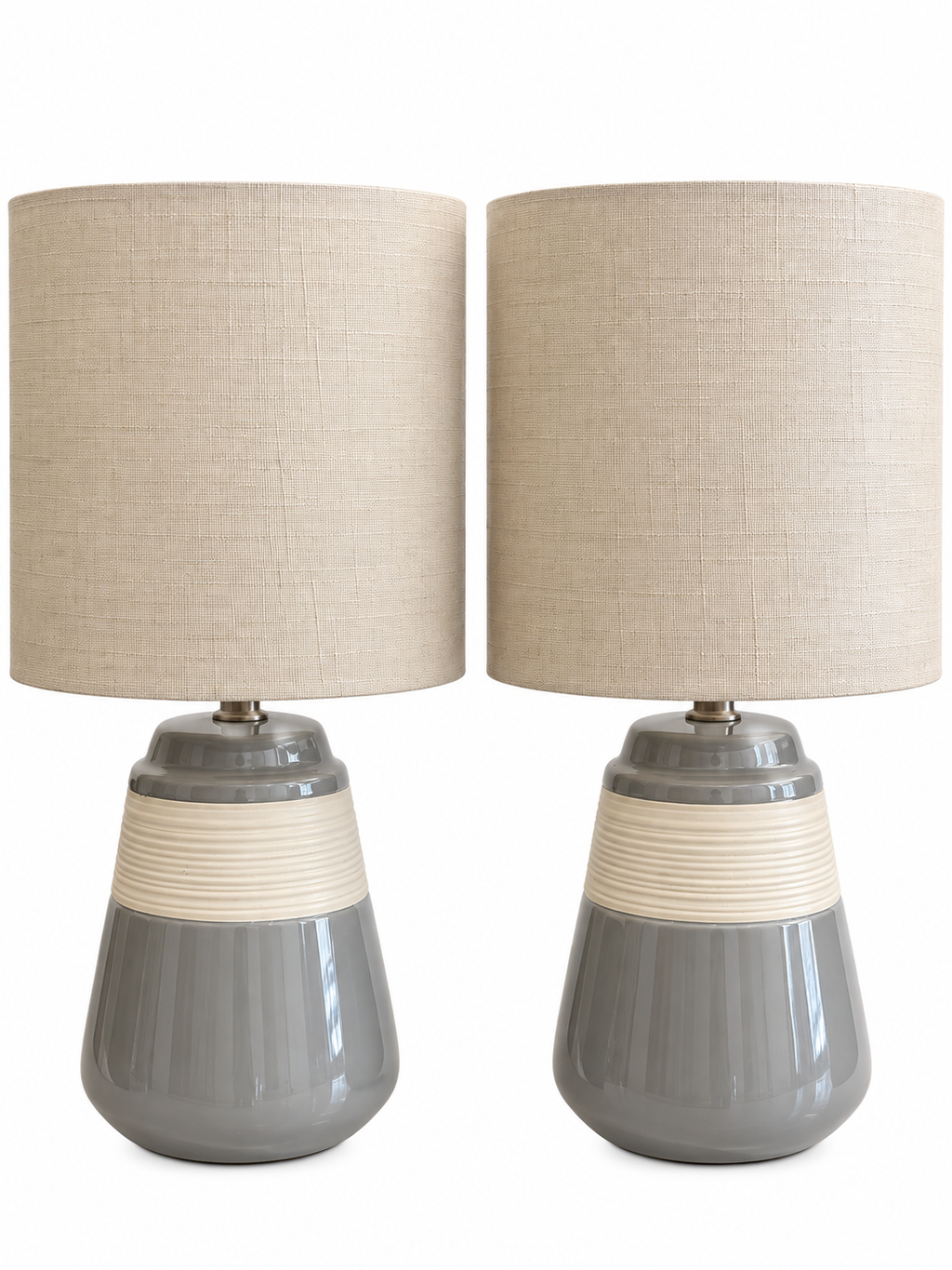 Set of 2 Modern Grey & Cream Ceramic Table Lamps with Linen Shades