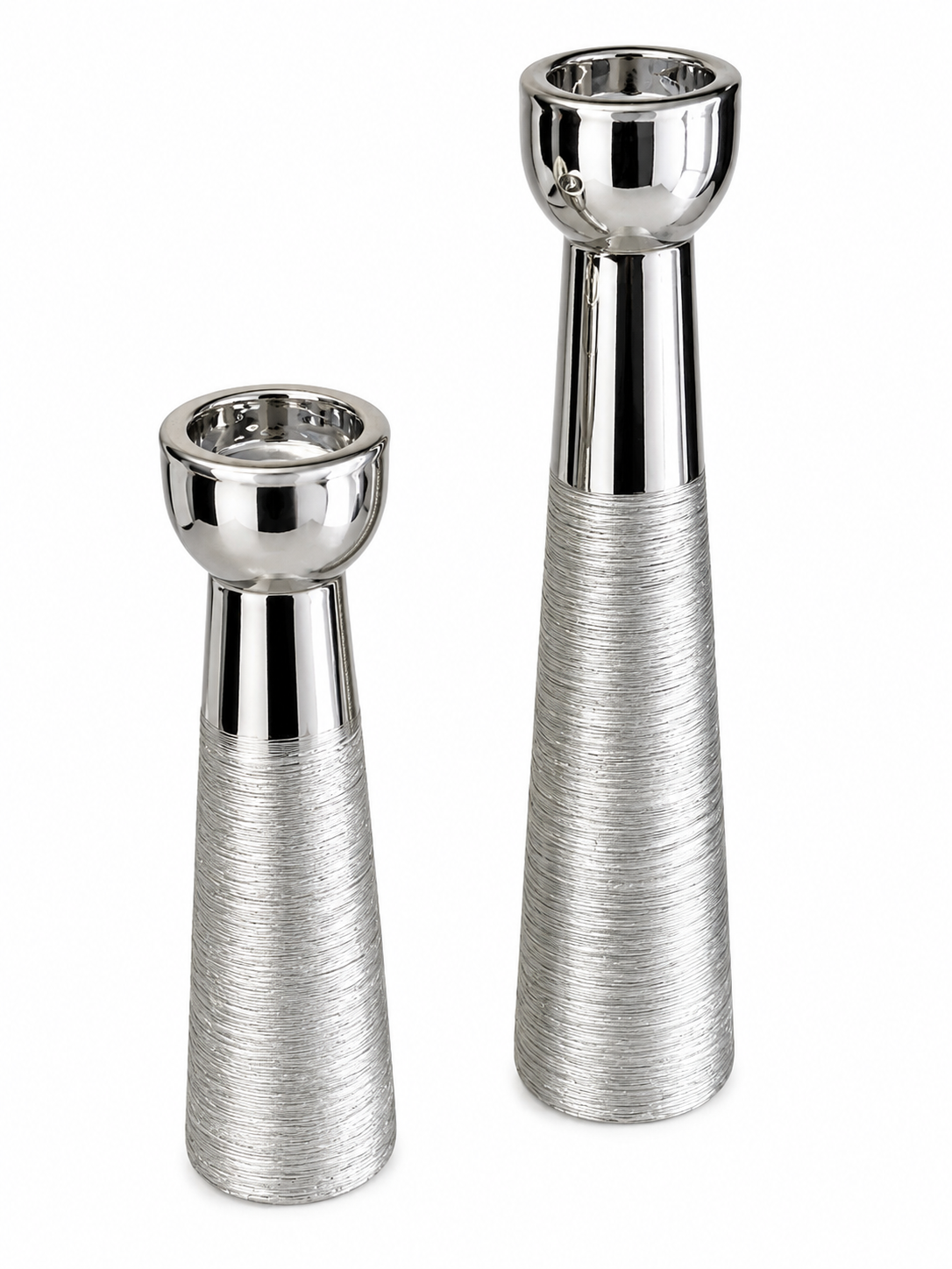 Modern Silver Metal Candle Holder Set (2-Piece) – Textured Contemporary Pillar Candle Holders