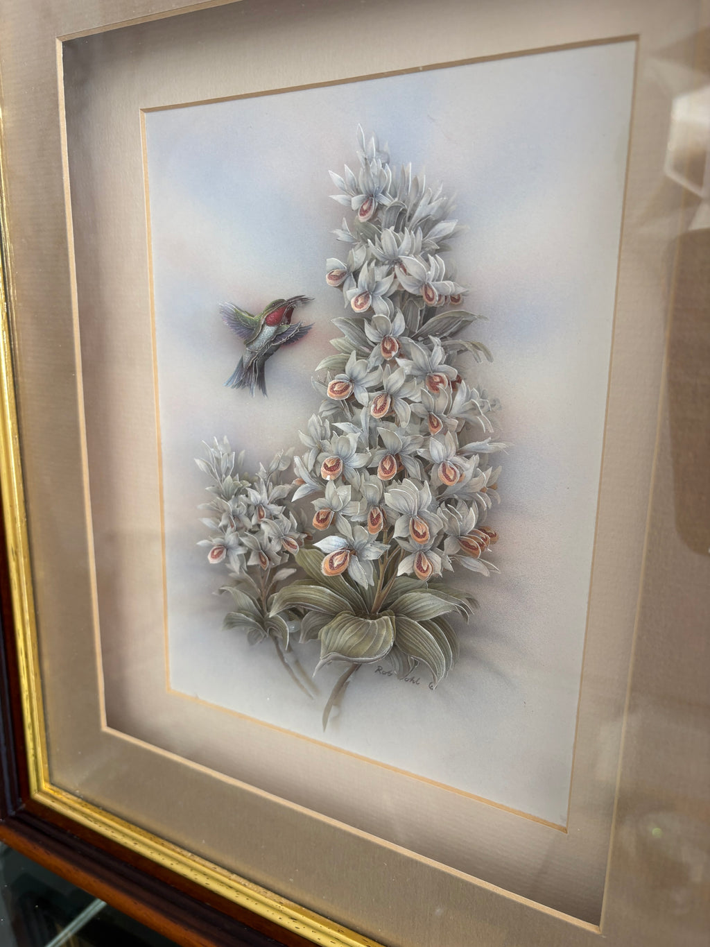 Rob Halle Signed Hummingbird & Floral Framed Art
