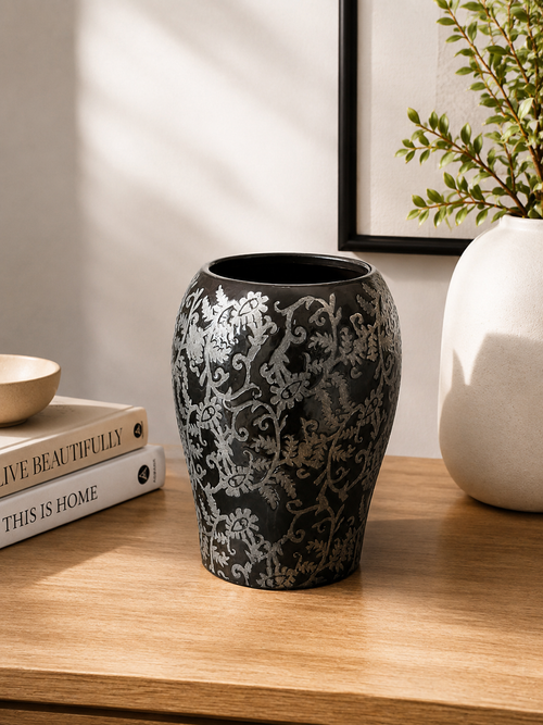 Decorative Charcoal Ceramic Vase with Botanical Pattern