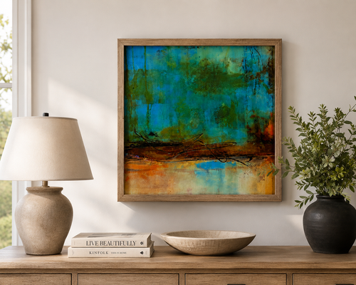 Framed Abstract Wall Art Print – Modern Blue & Earth Tone Artwork with Espresso Finish Frame