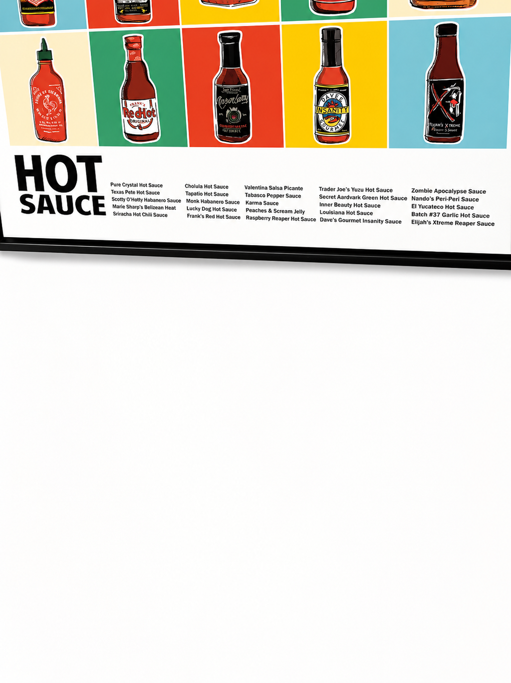 Hot Sauce Collection Framed Art Print | Ready-to-Hang Kitchen Wall Decor