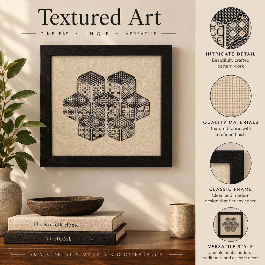 Framed Geometric Textile Art – Black & Natural