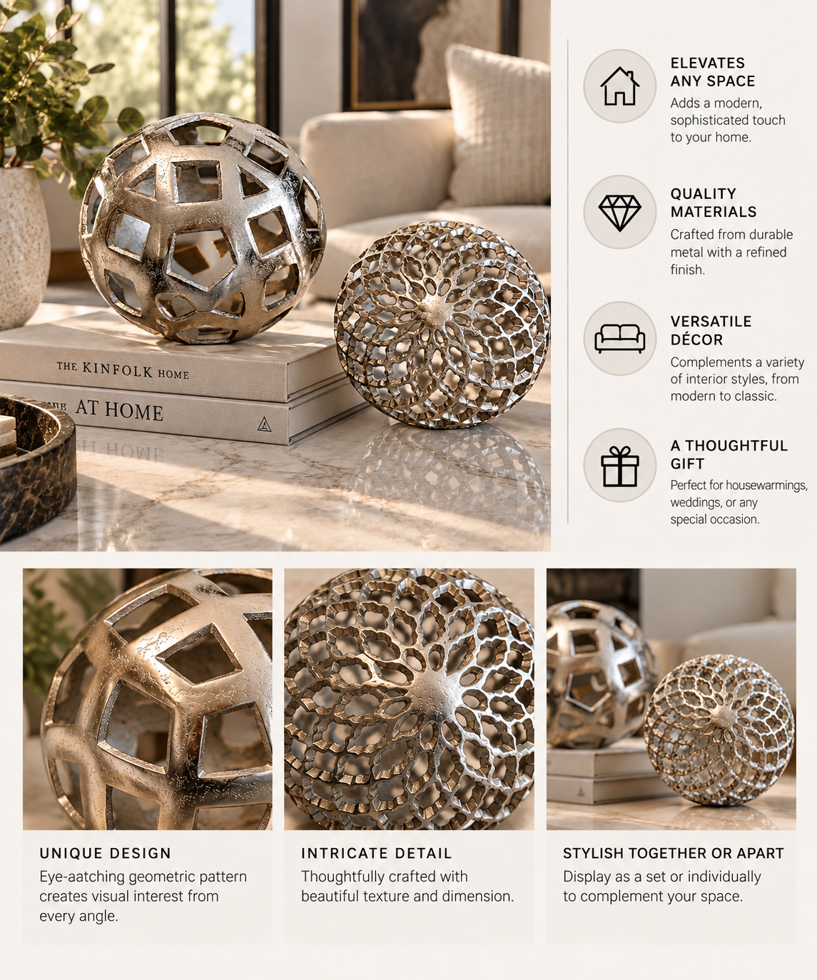 Set of 2 Silver Openwork Decorative Spheres