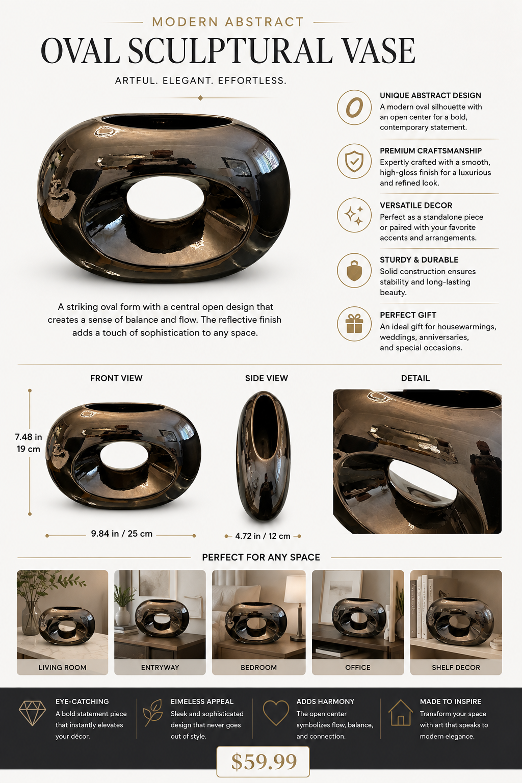 Modern Abstract Metallic Oval Sculptural Vase