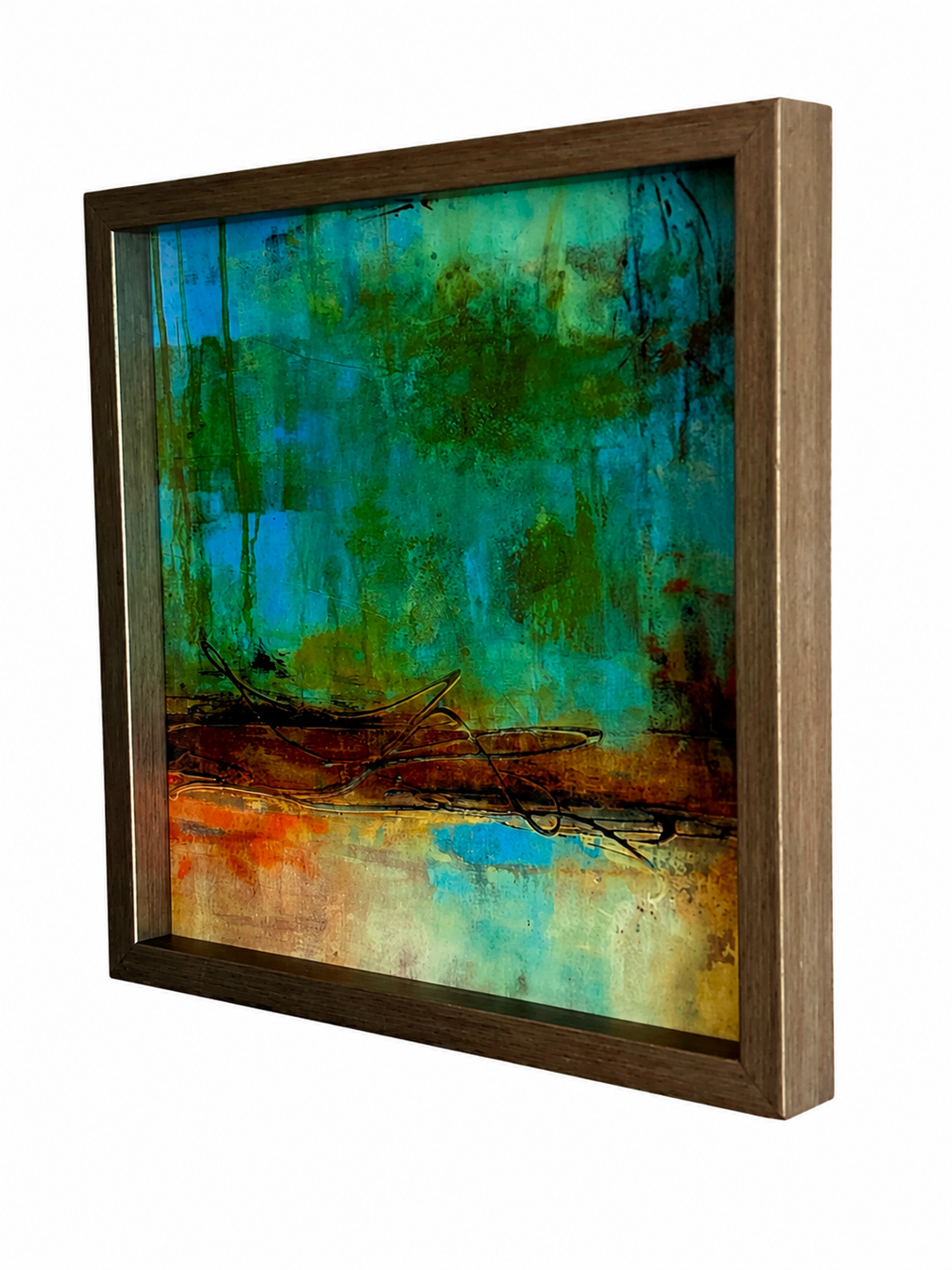 Framed Abstract Wall Art Print – Modern Blue & Earth Tone Artwork with Espresso Finish Frame