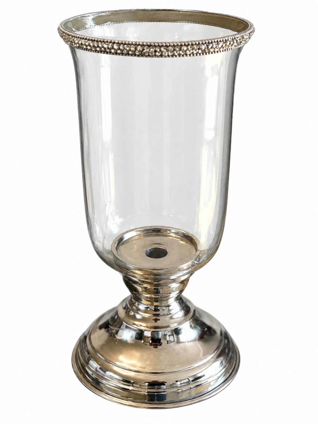 Silver & Glass Hurricane Candle Holder with Beaded Rim