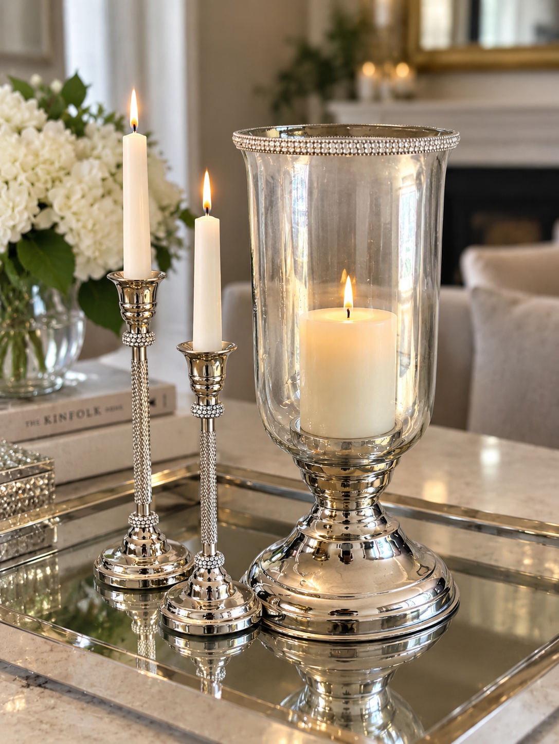 3-Piece Silver Hurricane Candle Holder & Taper Candlestick Set