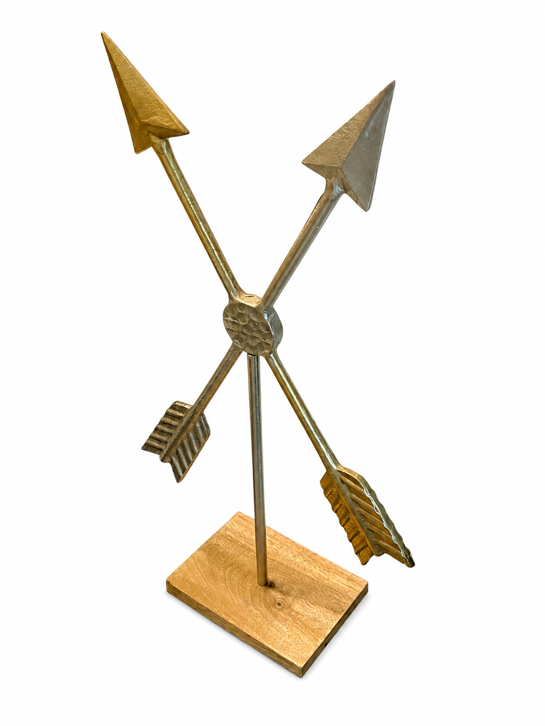 Decorative Crossed Arrow Metal Sculpture on Wooden Base