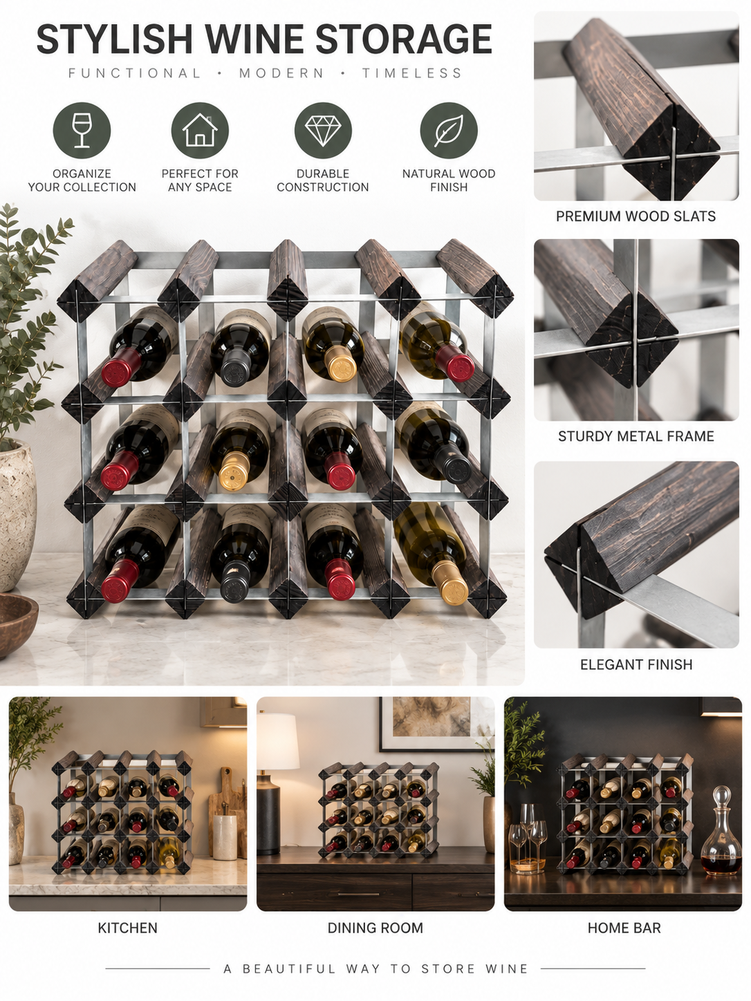 Industrial Wood & Metal 16-Bottle Wine Storage Rack