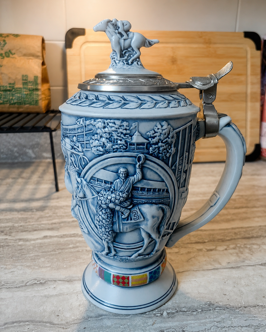 Vintage Blue & White Ceramic Beer Stein with Pewter-Style Lid & Horse Rider Topper